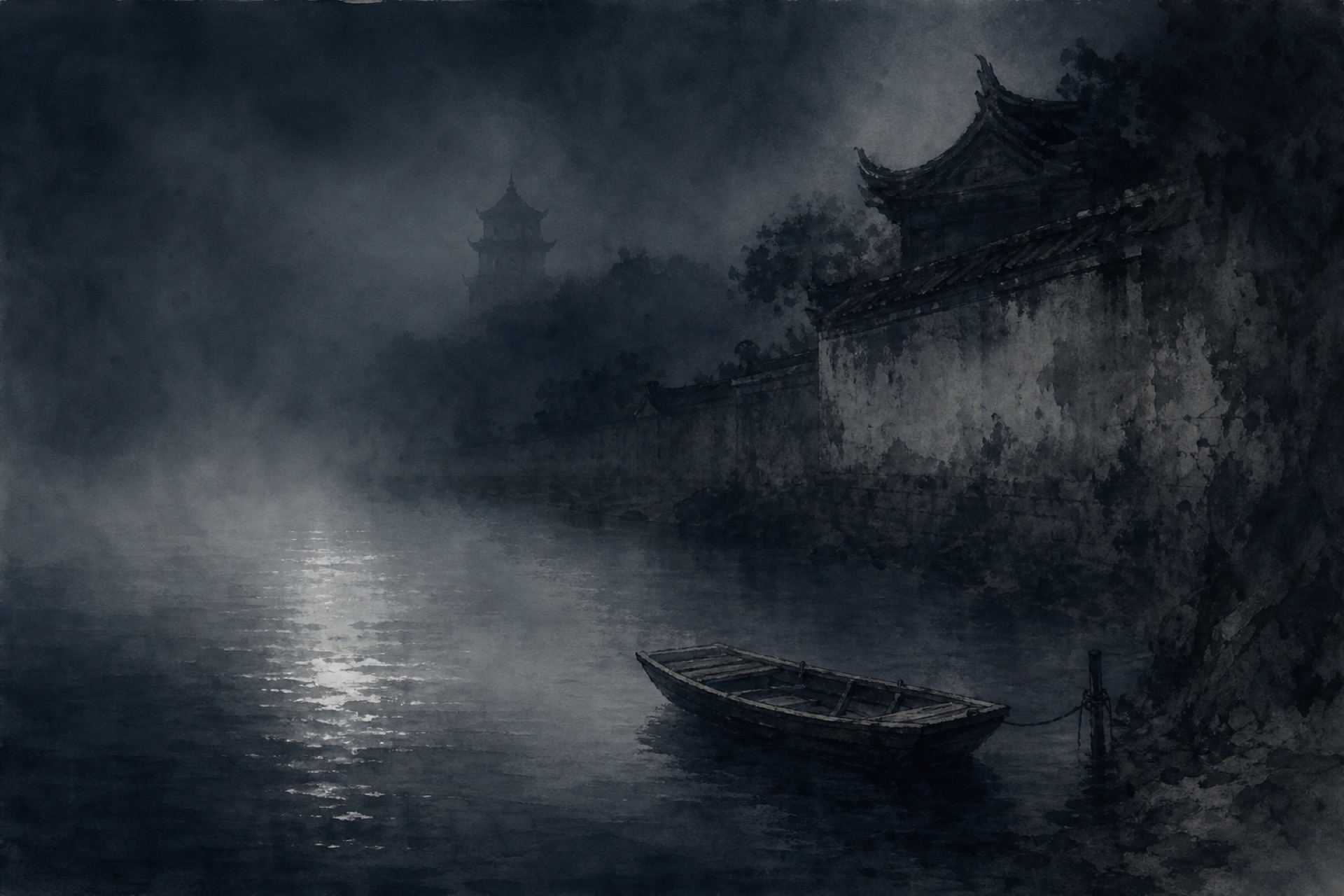 A boat moored outside the temple walls at night